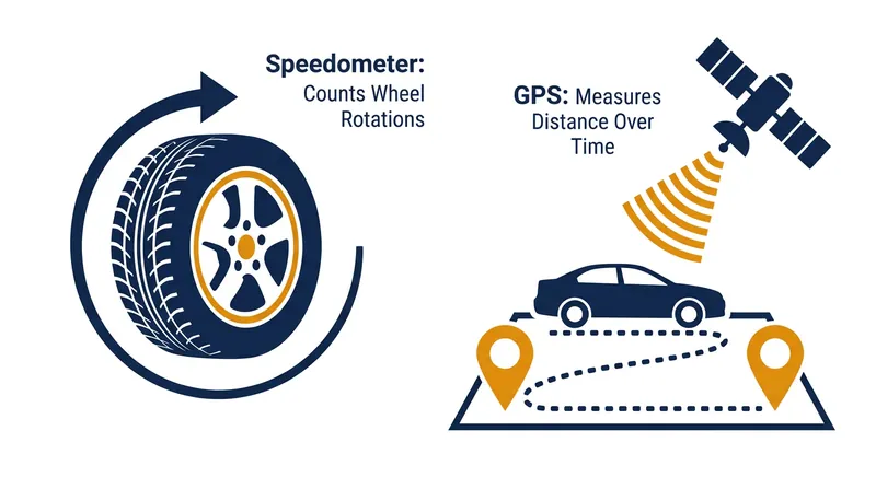 Speedometers rely on mechanical rotation counts, while GPS calculates true physical displacement across the earth.