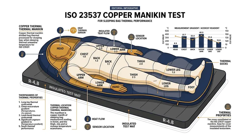 The ISO 23537 standard requires the heated manikin to wear thermal base layers and rest on a winter-grade R-4.8 mat.
