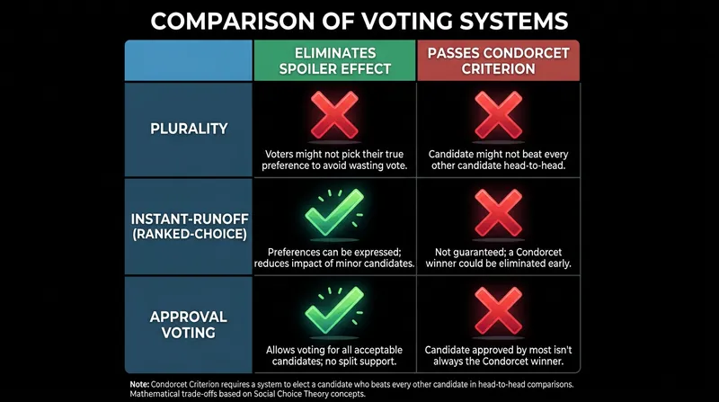 Different voting systems prioritize different mathematical definitions of fairness and democratic consent.