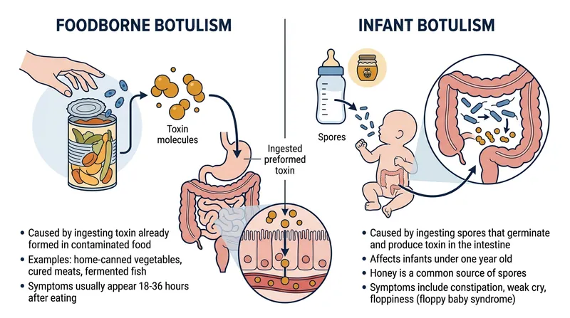 Infant botulism requires the bacteria to germinate and produce toxin inside the digestive tract.