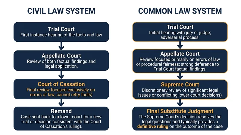 The structural difference between civil law cassation and common law appellate review.