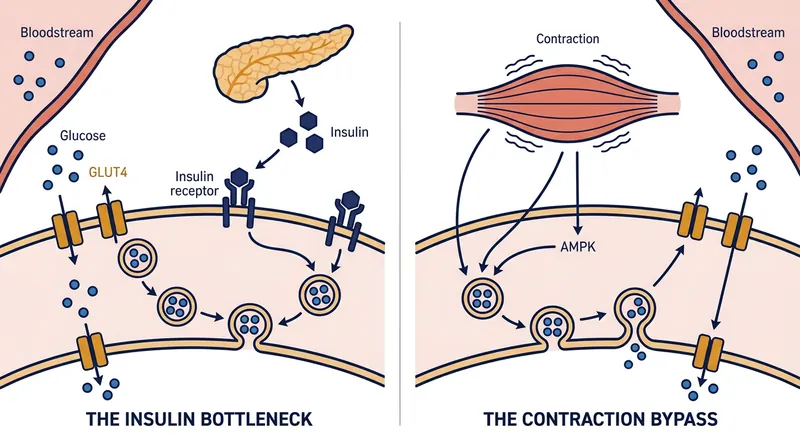 Muscle contraction provides an alternative route for glucose to enter cells without requiring insulin.