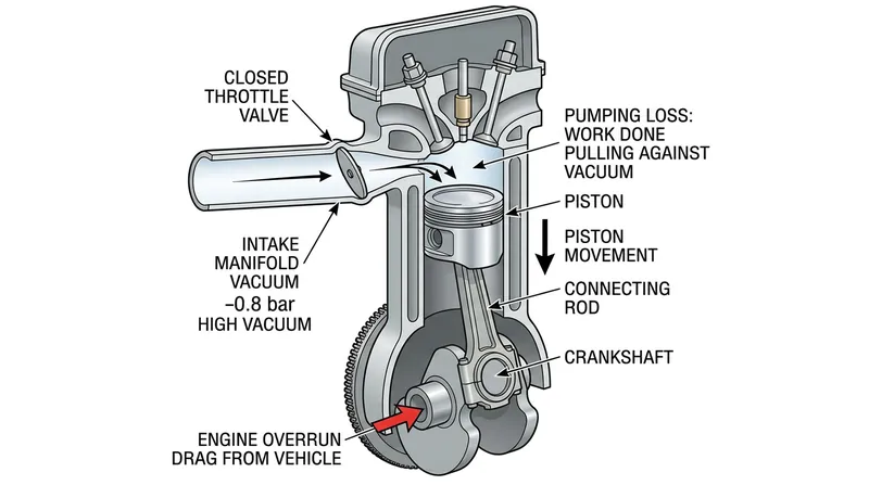 When the throttle closes, the engine acts as an air pump, using the vehicle's momentum to pull against a vacuum.