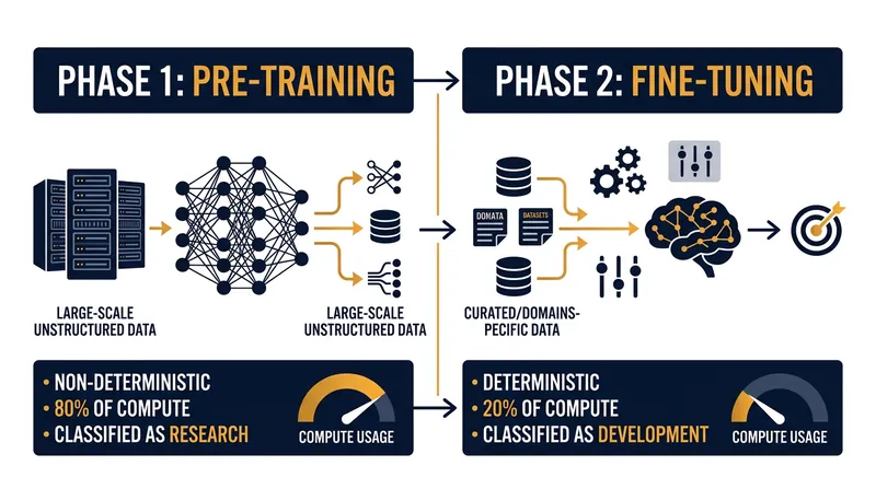 The accounting treatment shifts from research to development only after the base model is successfully pre-trained.