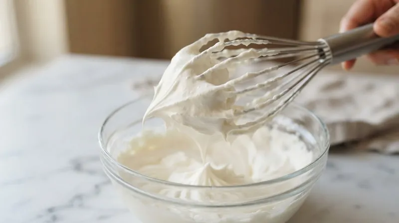 A wire whisk lifting a stiff, glossy peak of white whipped cream out of a metal mixing bowl.