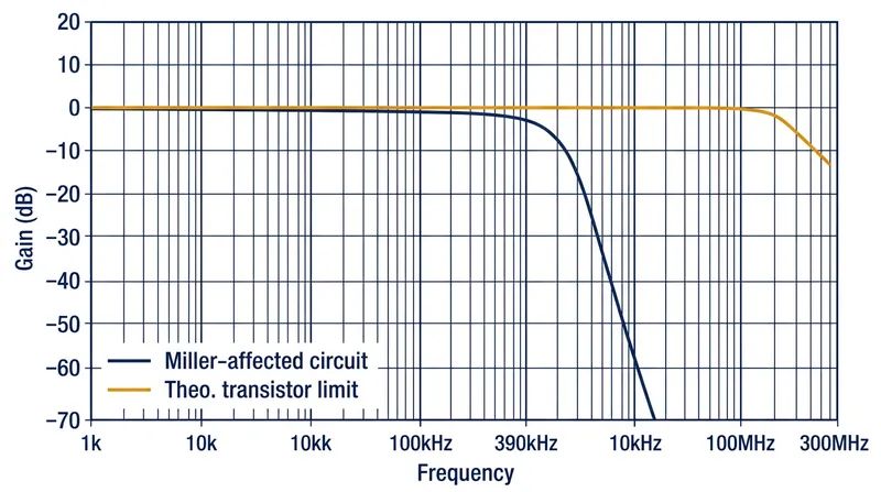 Bandwidth collapse: The Miller effect forces signal attenuation long before the transistor's physical limits.