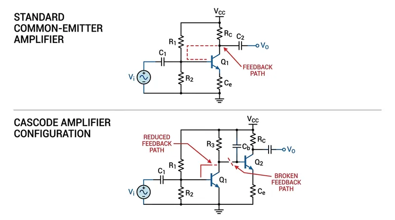 The cascode configuration isolates the input stage from voltage amplification, bypassing the Miller effect.