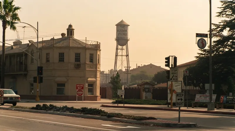 The Warner Bros. water tower in Burbank painted with the words 'A Skydance Corporation' under the shield.