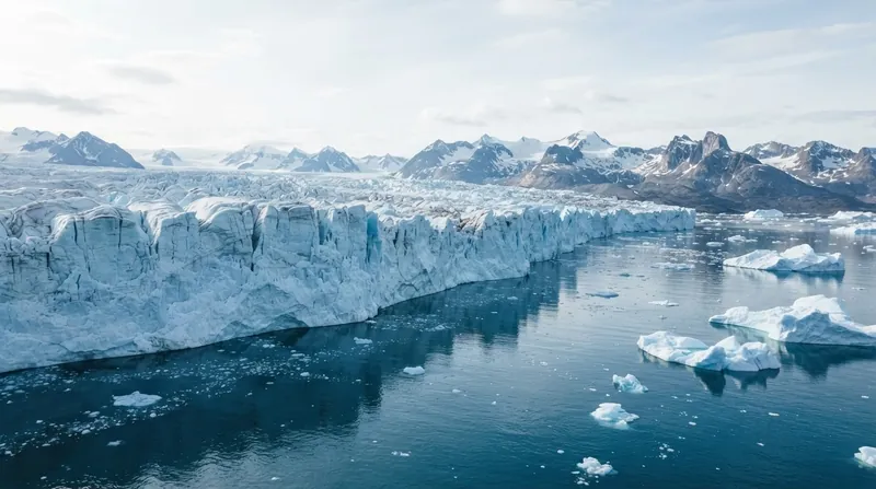 Aerial view of a massive white ice sheet meeting the dark blue ocean waters along a rugged coastline.