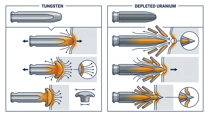 Tungsten deforms and widens on impact, while depleted uranium sheds its blunted edges to maintain a chiseled point.
