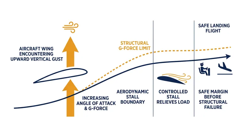 The aerodynamic stall acts as a structural fuse, dumping lift before the airframe can bend.