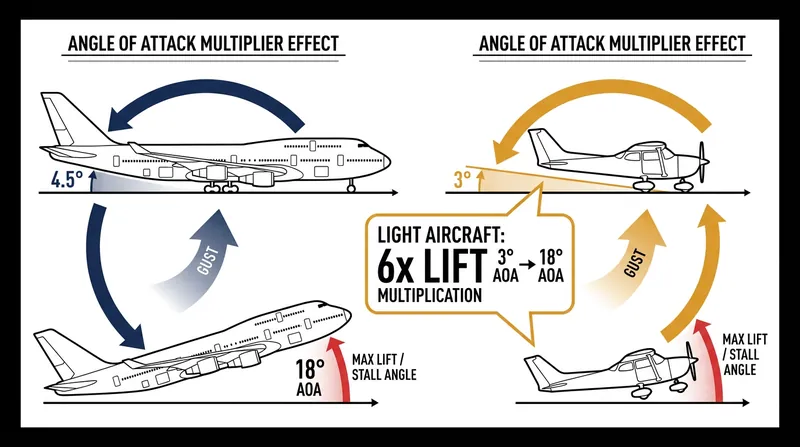 A lighter aircraft flies at a shallower angle of attack, giving a gust more room to multiply the lift force before a stall occurs.