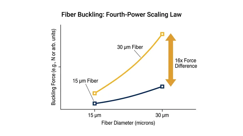 Because buckling force scales with the fourth power of diameter, a 30-micron fiber is 16 times stiffer than a 15-micron fiber.