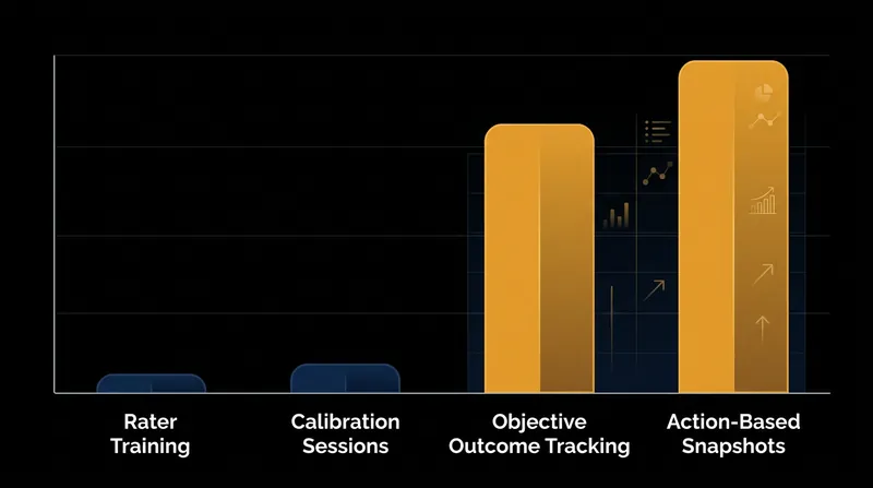 Interventions that anchor evaluations to objective outcomes significantly outperform traditional rater training.