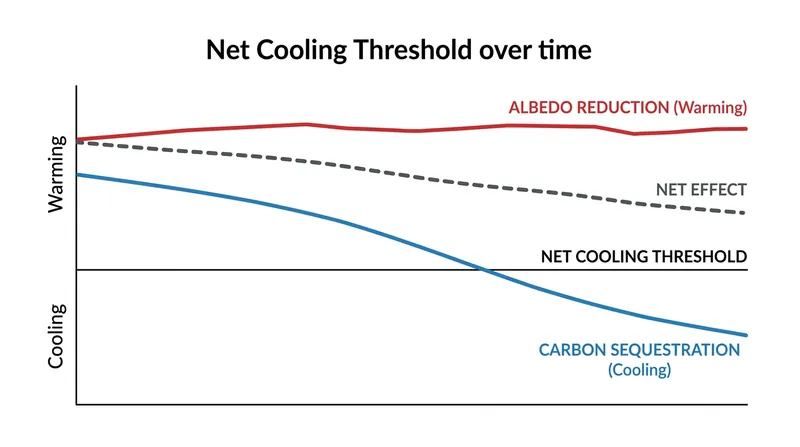 In high-latitude regions, the warming effect of albedo reduction outpaces the cooling effect of carbon storage for the first century of a forest's growth.