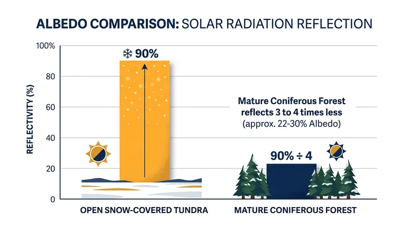 Open snow reflects up to 90 percent of incoming solar radiation, while dense coniferous forests absorb the vast majority of it.