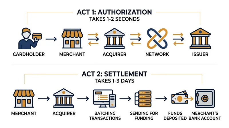 Authorization reserves the funds in seconds, while settlement moves the capital days later.