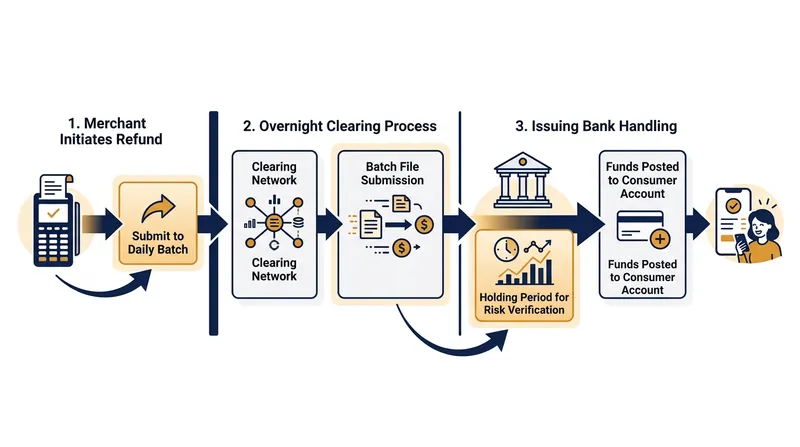 Refunds travel the legacy batch settlement rails in reverse, subject to manual risk holds.