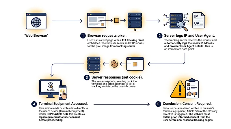 The EDPB classifies tracking pixels as a mechanism that instructs the terminal equipment to transmit stored information.