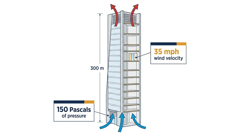 In winter, warm indoor air rises, creating a severe vacuum at the ground floor that draws in freezing outdoor air.