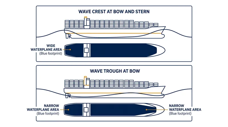 As a ship pitches over waves, its waterplane area—and therefore its stability—fluctuates dramatically.