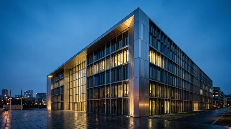 Exterior view of the modern Bundesnachrichtendienst headquarters building in Berlin under an overcast sky.