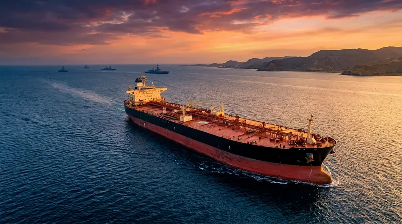 Wide aerial view of numerous oil tankers sitting idle in the waters of the Persian Gulf.