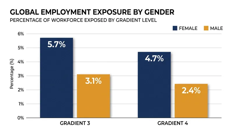 Globally, female workers are nearly twice as likely as male workers to hold jobs in the highest exposure category.