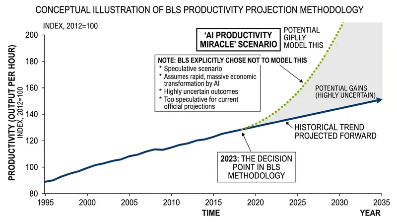 The BLS projections assume technological progress will follow historical patterns, rather than modeling a sudden AI-driven productivity spike.