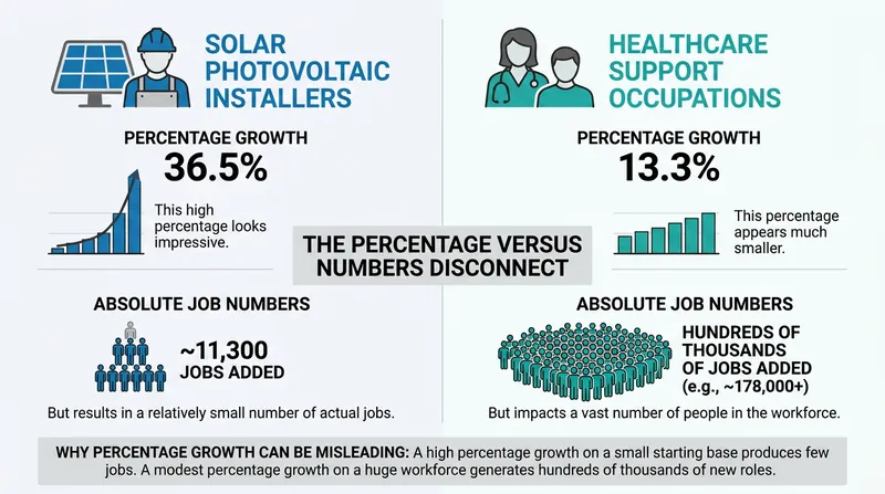 High percentage growth rates in emerging green energy sectors translate to relatively small absolute job numbers.