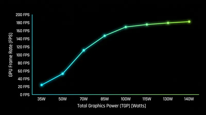 Performance gains scale aggressively up to 100W before hitting diminishing returns.