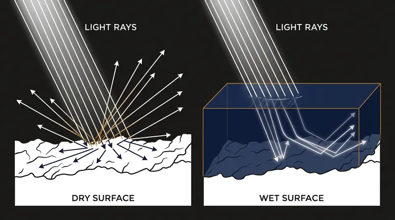 By matching the refractive index, water allows light to penetrate deep into the material rather than bouncing off the surface.