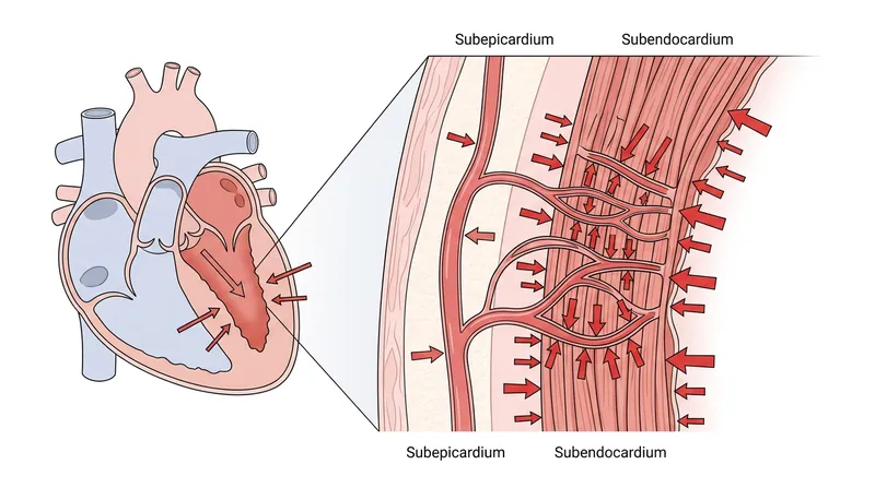 The subendocardium endures the highest compressive forces, making it entirely dependent on the diastolic relaxation window for oxygen.