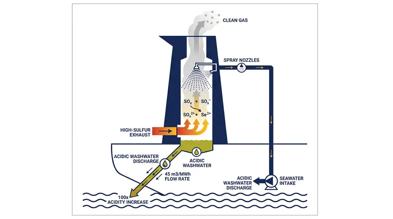 How an open-loop scrubber transfers sulfur pollution from the air to the ocean.