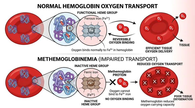 The oxidation of ferrous iron to ferric iron destroys the hemoglobin molecule's ability to transport oxygen.