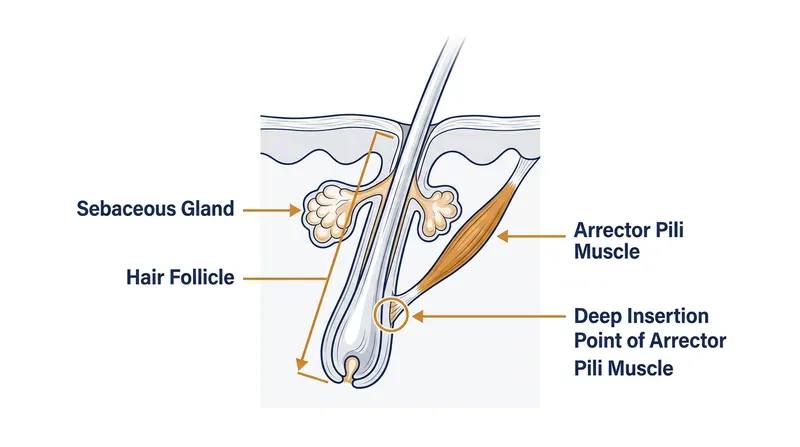 The arrector pili muscle attaches deep in the dermis, unable to close the surface opening.