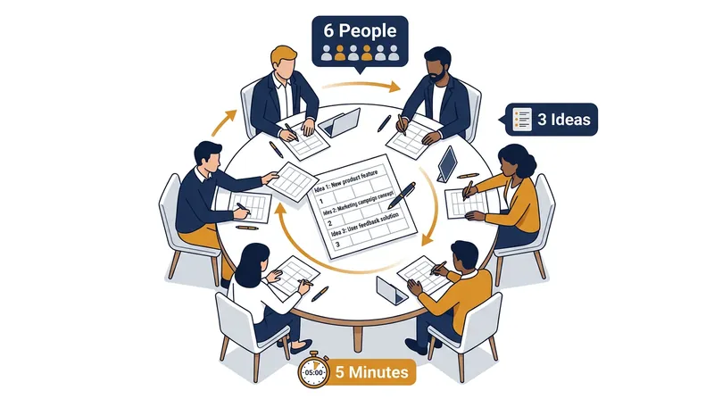The 6-3-5 brainwriting method forces parallel generation, yielding 108 ideas in 30 minutes.