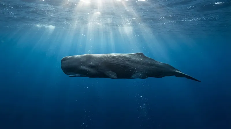 A Cuvier's beaked whale diving downwards into the dark blue depths of the ocean.