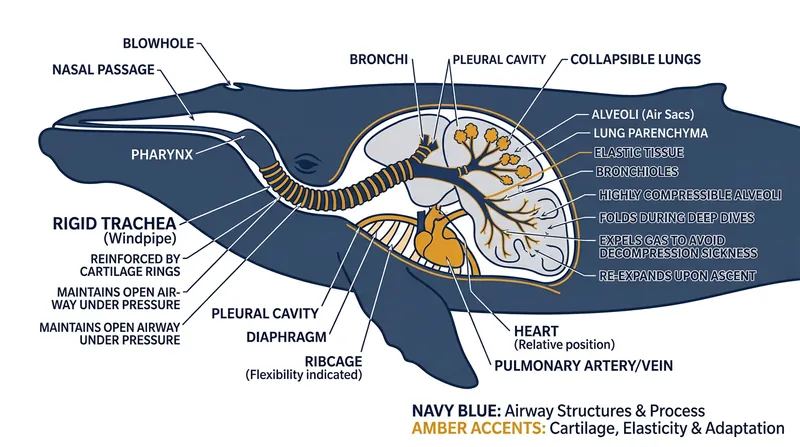The cetacean respiratory system features a flexible rib cage and rigid upper airways.