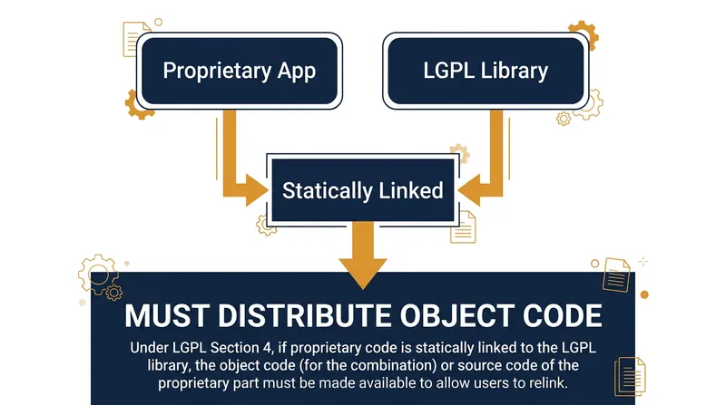 The LGPL requires developers to distribute unlinked object code when statically linking libraries.