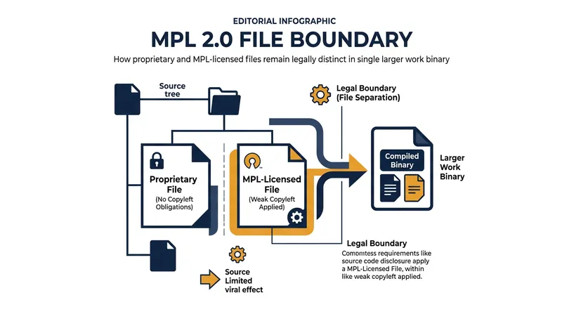 Under the MPL 2.0, proprietary files remain unaffected by copyleft as long as the open-source code stays in its original files.