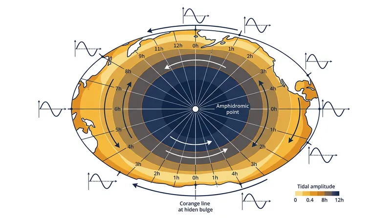 Continental landmasses force tidal waves to rotate around central amphidromic points rather than sweeping cleanly across the globe.