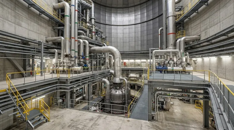 The massive steel pressure vessel and cooling infrastructure inside a commercial nuclear reactor containment building.