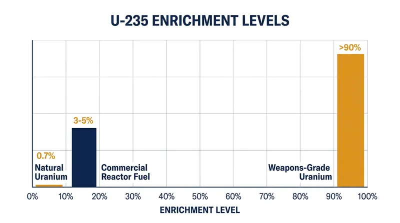 The mathematical gap between civilian nuclear fuel and weapons-grade material.