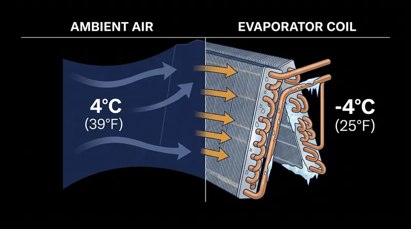To extract heat from 4°C air, the evaporator coil must operate below freezing, causing airborne moisture to condense and freeze.