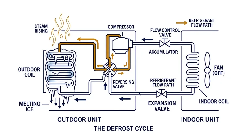 During a defrost cycle, the system temporarily reverses, pumping hot refrigerant outdoors to melt the accumulated ice.