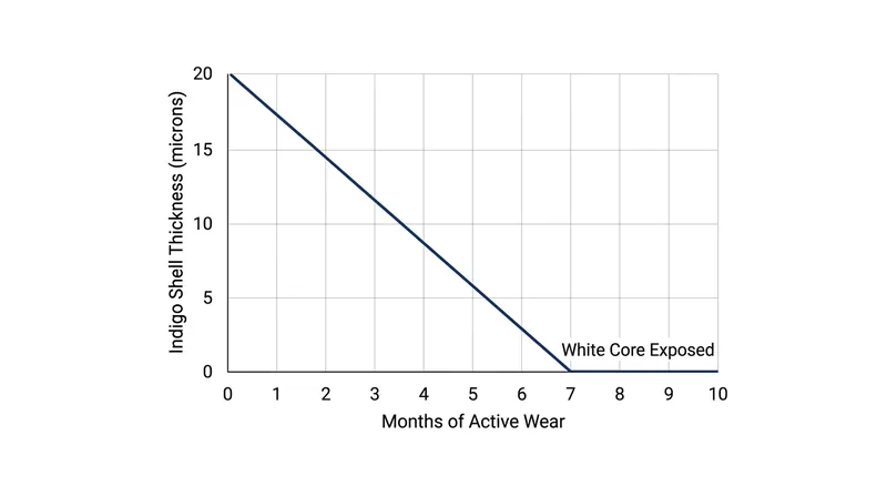 Normal daily friction removes about 2 to 3 microns of indigo per month, eventually breaking through to the white core.