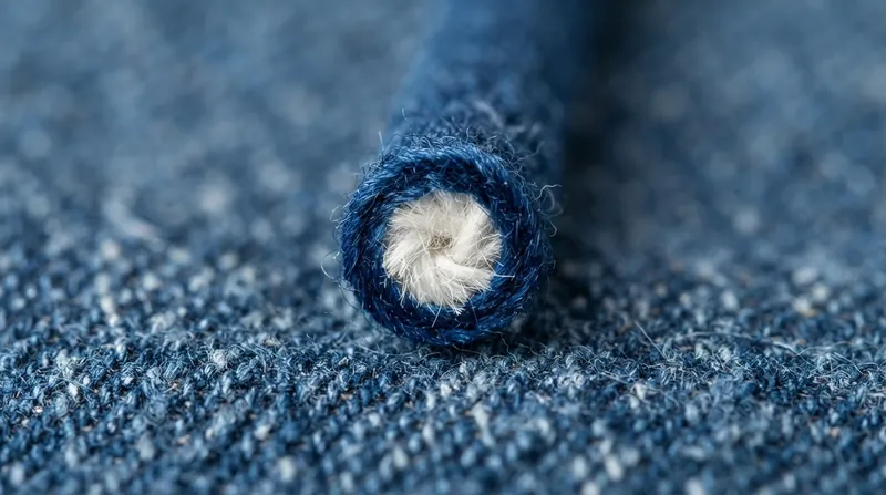 A close-up macro photograph of a frayed denim hem showing white cotton cores surrounded by blue indigo.