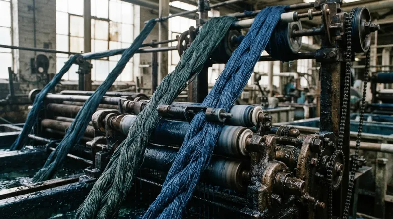 Illustration: Hundreds of cotton yarns are bundled into ropes and dipped repeatedly into indigo vats, oxidizing in the air between each dip.