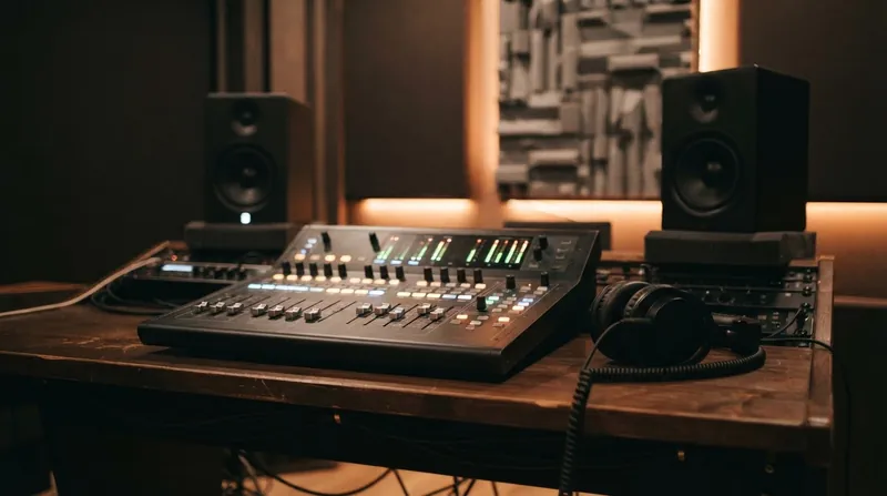 A modern recording studio mixing desk illuminated by neon pink and blue lights with an audio waveform on a monitor.